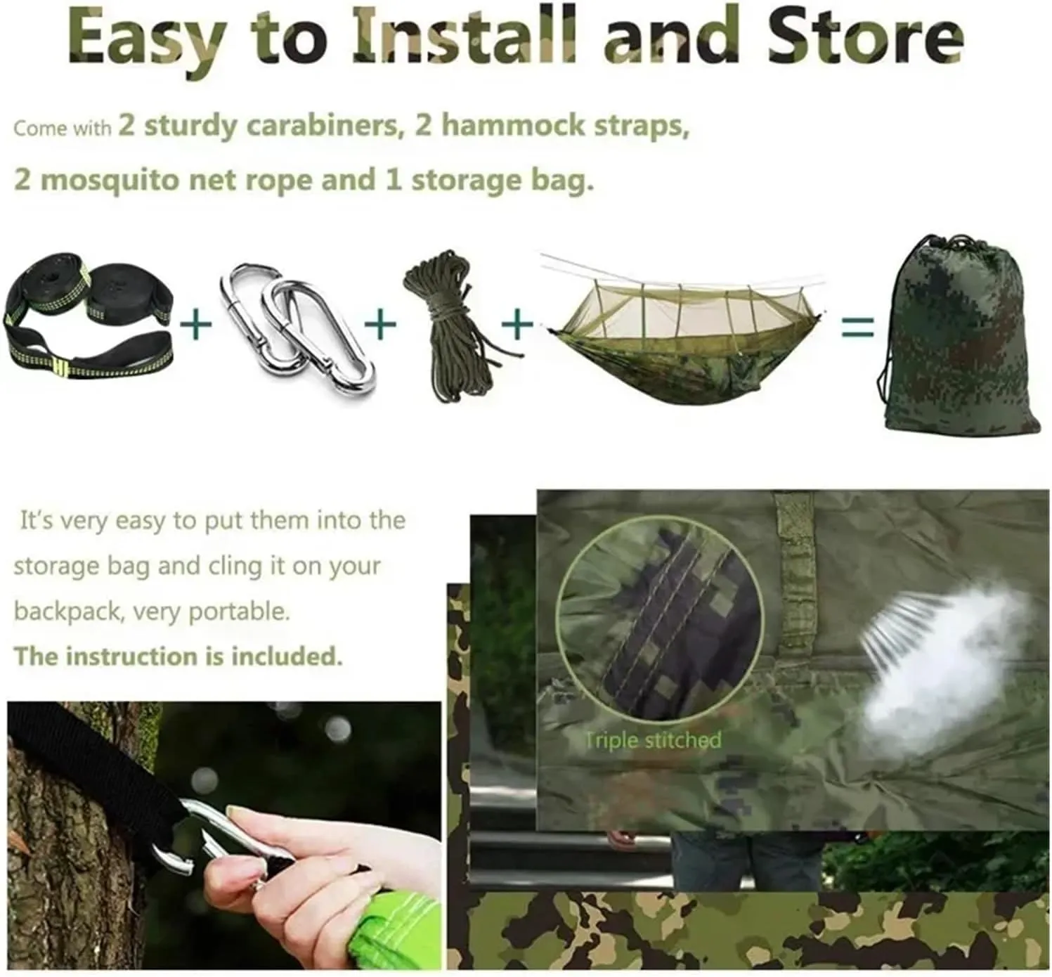 Camping Hammock with Mosquito Net&Rainfly Tent Tarp Tree Straps,Portable Nylon Hammock Tent for Camping Hiking Backyard Travel for Terrace, Outdoor(Black and Green)