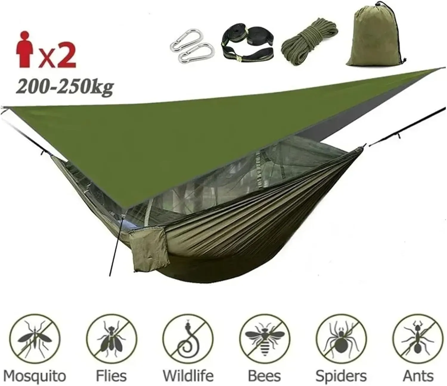 Camping Hammock with Mosquito Net&Rainfly Tent Tarp Tree Straps,Portable Nylon Hammock Tent for Camping Hiking Backyard Travel for Terrace, Outdoor(Black and Green)