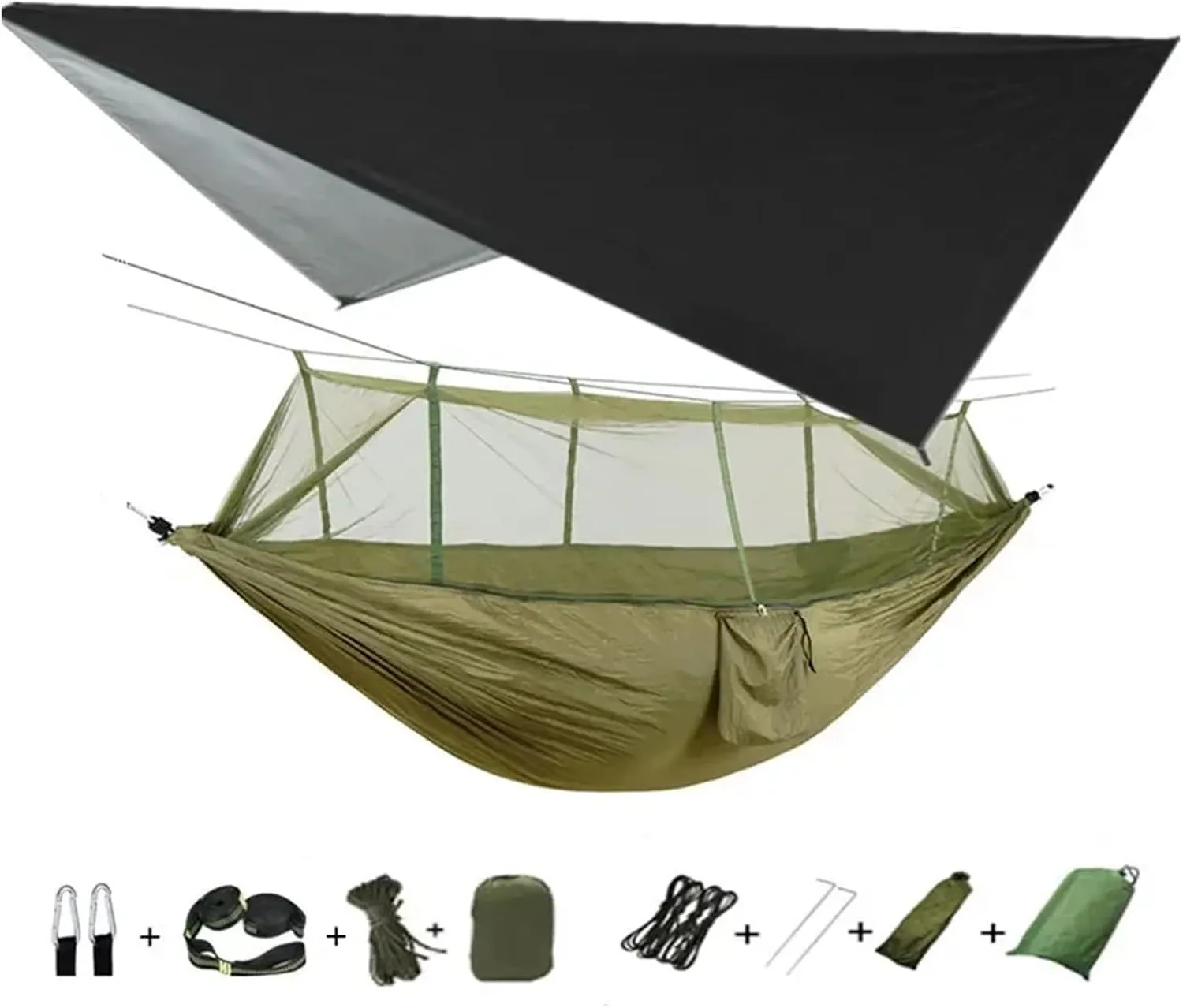 Camping Hammock with Mosquito Net&Rainfly Tent Tarp Tree Straps,Portable Nylon Hammock Tent for Camping Hiking Backyard Travel for Terrace, Outdoor(Black and Green)