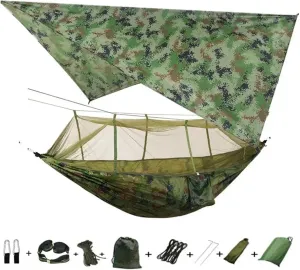 Camping Hammock with Mosquito Net&Rainfly Tent Tarp Tree Straps,Portable Nylon Hammock Tent for Camping Hiking Backyard Travel for Terrace, Outdoor(Camou and Camou)