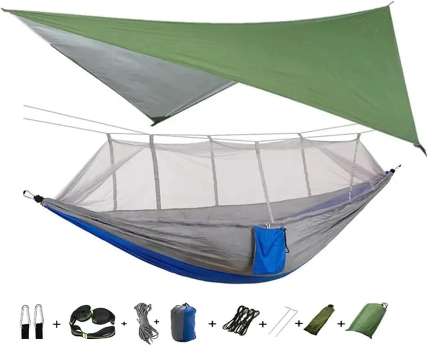 Camping Hammock with Mosquito Net&Rainfly Tent Tarp Tree Straps,Portable Nylon Hammock Tent for Camping Hiking Backyard Travel for Terrace, Outdoor(Green and grayblue)