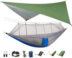 Camping Hammock with Mosquito Net&Rainfly Tent Tarp Tree Straps,Portable Nylon Hammock Tent for Camping Hiking Backyard Travel for Terrace, Outdoor(Green and grayblue)