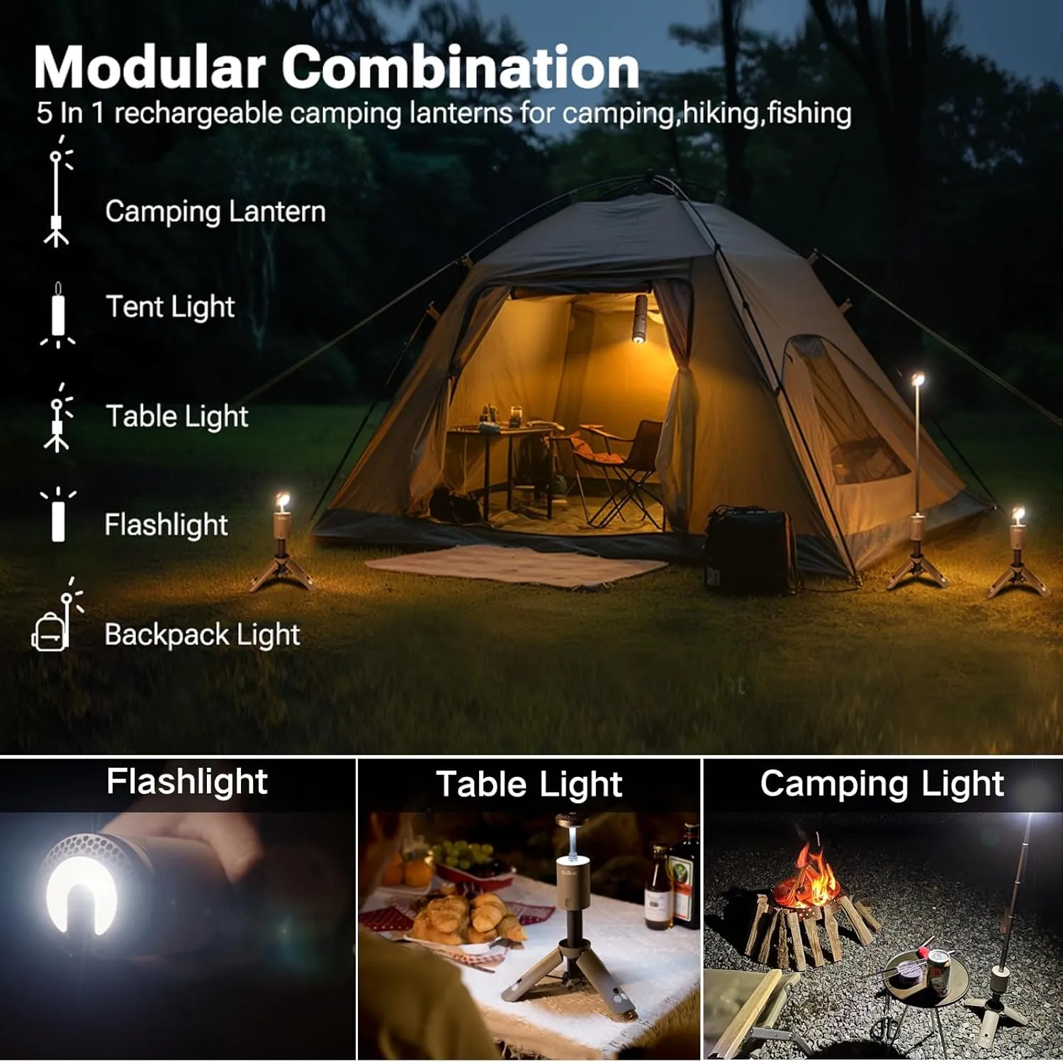 Camping Light Telescopic, Collapsible Magnetic Camping Lantern with 12000mAh Battery, Telescoping IPX6/IPX7 Waterproof Flashlights, Camping Lamp for Emergency, Camping, Hiking (Gray)
