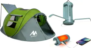 Camping Light   Tent, 10000mAh Rechargeable Lantern with 5 Modes Lighting, Green 4 Person Pop Up Tent with Skylight foe Outdoor Camping