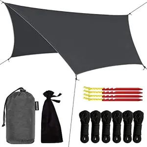 Camping Rain Fly Tarp Waterproof Camping Shelter Canopy Lightweight for Hammock, Backpacking or Camp Gear 12 x 9 ft Gray