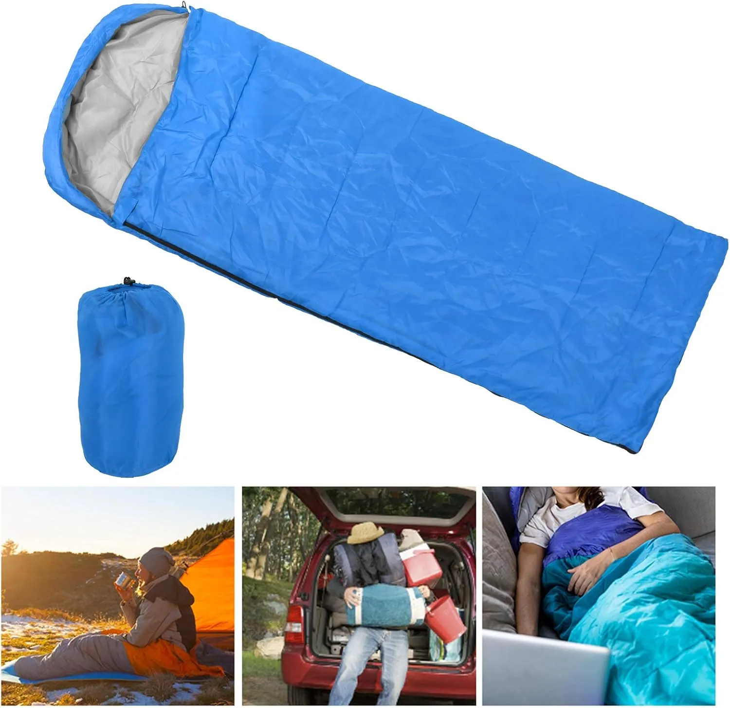 Camping Sleeping Bag with Hood, Hollow Cotton Filling, Zipper Closure, Hook and Loop Fasteners, for Backpacking Camping Sleeping Bag