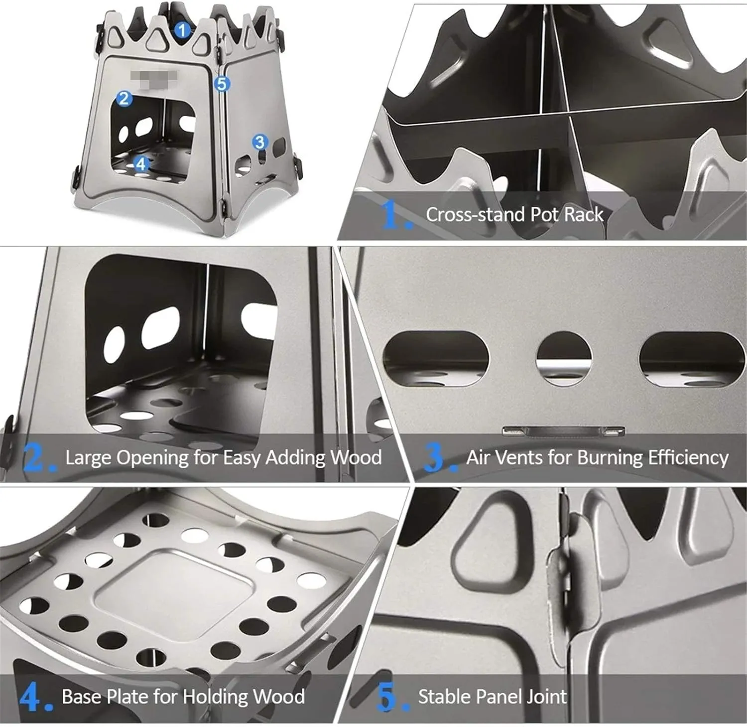 Camping Stove Camping Wood Stove Folding Titanium Wood Burning Stove Lightweight Pocket Stove Outdoor Camping Stove (Color : Silver, Size : One Size) (Silver One Size)