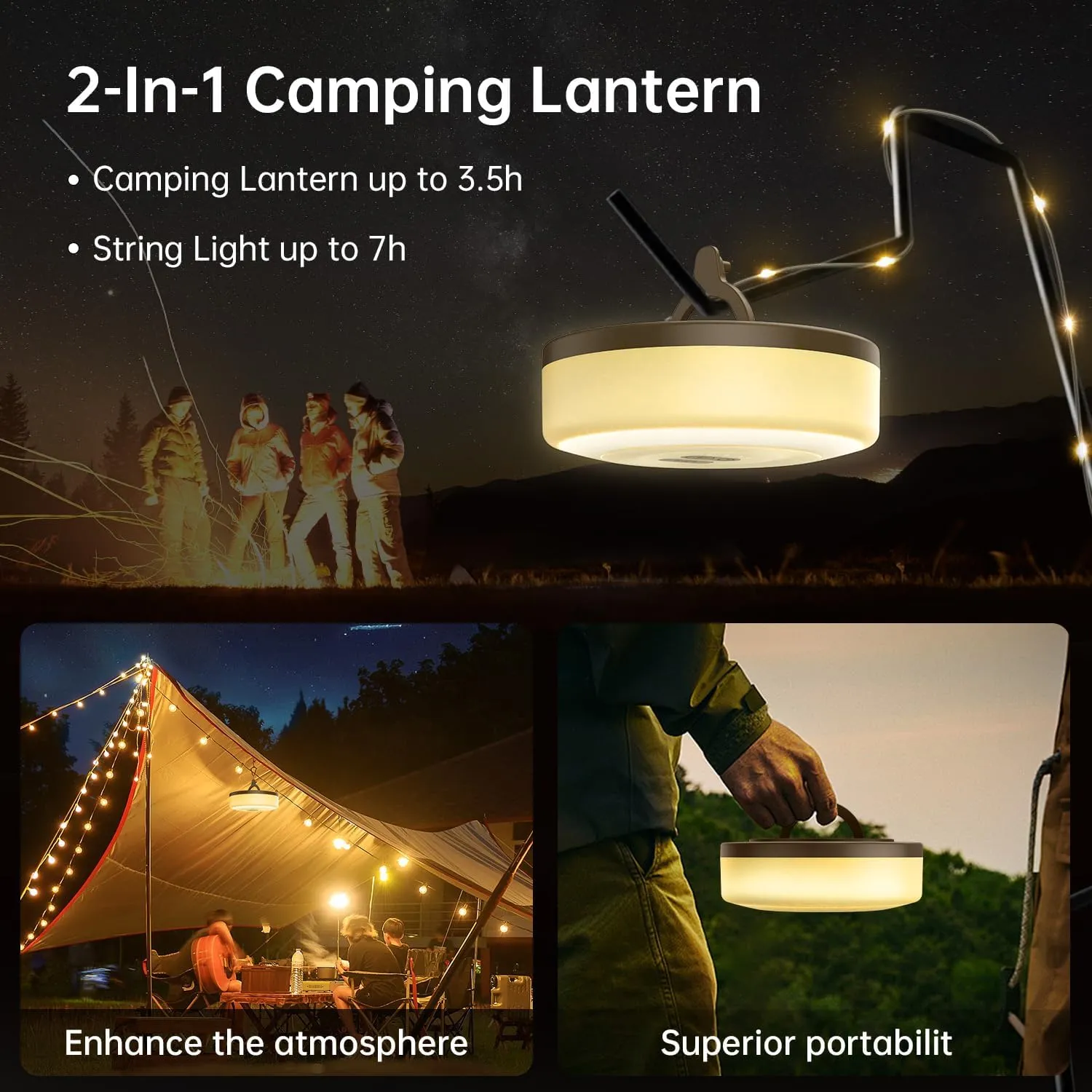 Camping String Lights (2-Pack) 33FT, Outdoor Camping Lights for Christmas, 7 Modes, IPX4 Waterproof, Rechargeable LED Lights for Outdoor Tent, Hiking, and Decor