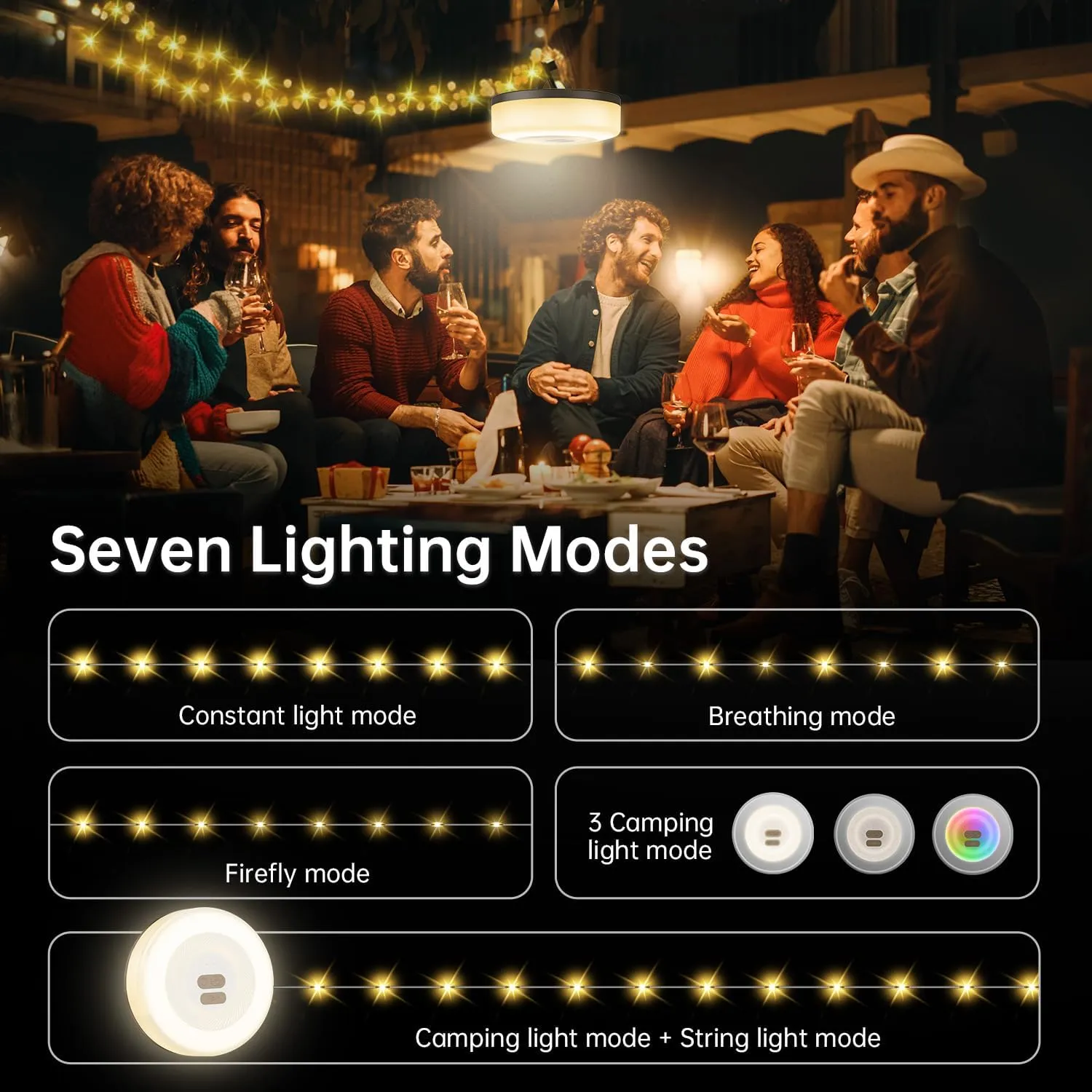 Camping String Lights (2-Pack) 33FT, Outdoor Camping Lights for Christmas, 7 Modes, IPX4 Waterproof, Rechargeable LED Lights for Outdoor Tent, Hiking, and Decor