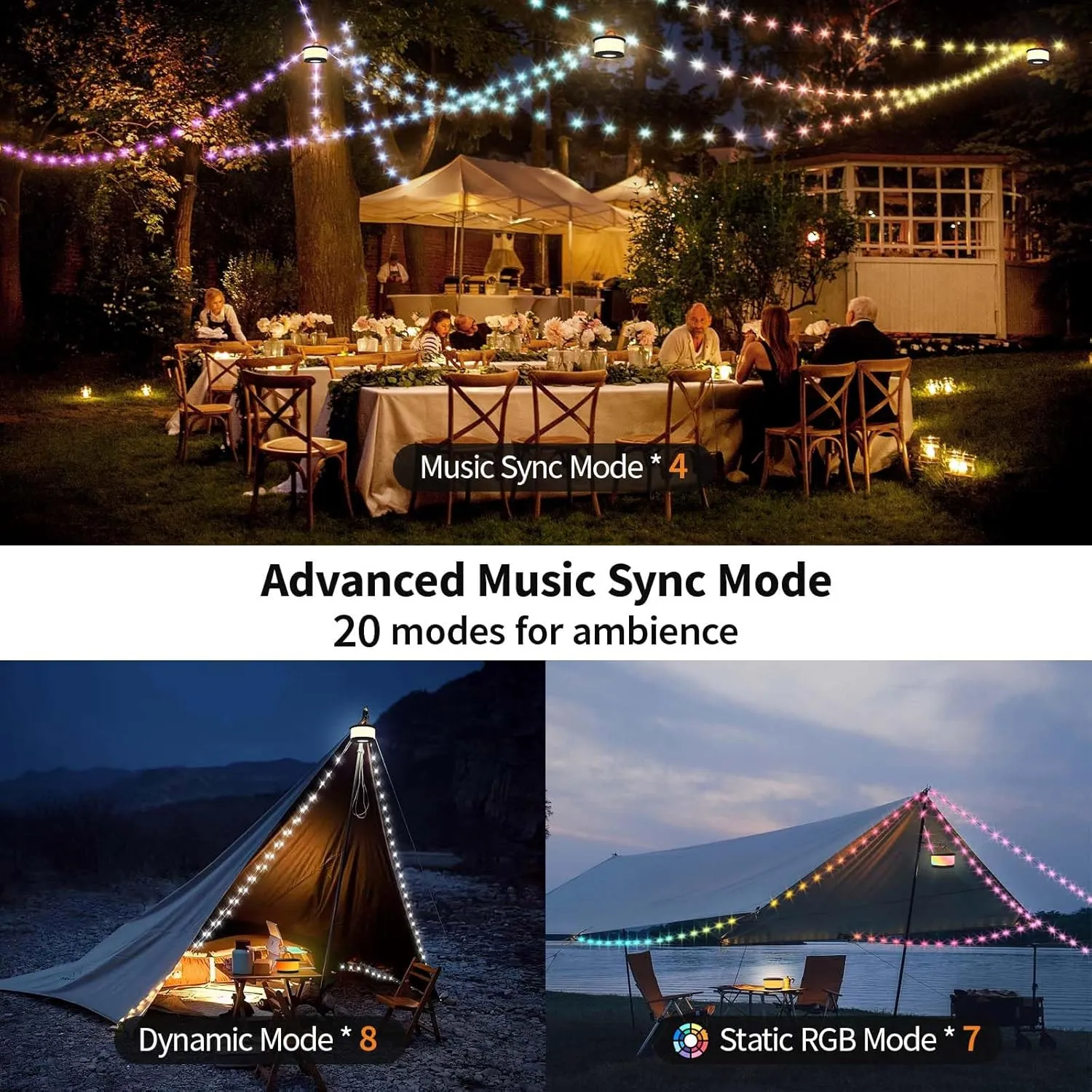 Camping String Lights, 3 in 1 Upgraded Retractable RGB Outdoor String Lights with 19 Lighting Modes,Quick 30s Recovery, 32.8 FT Portable Tent Lights, Rechargeable Camping Lantern (Black&Orange)