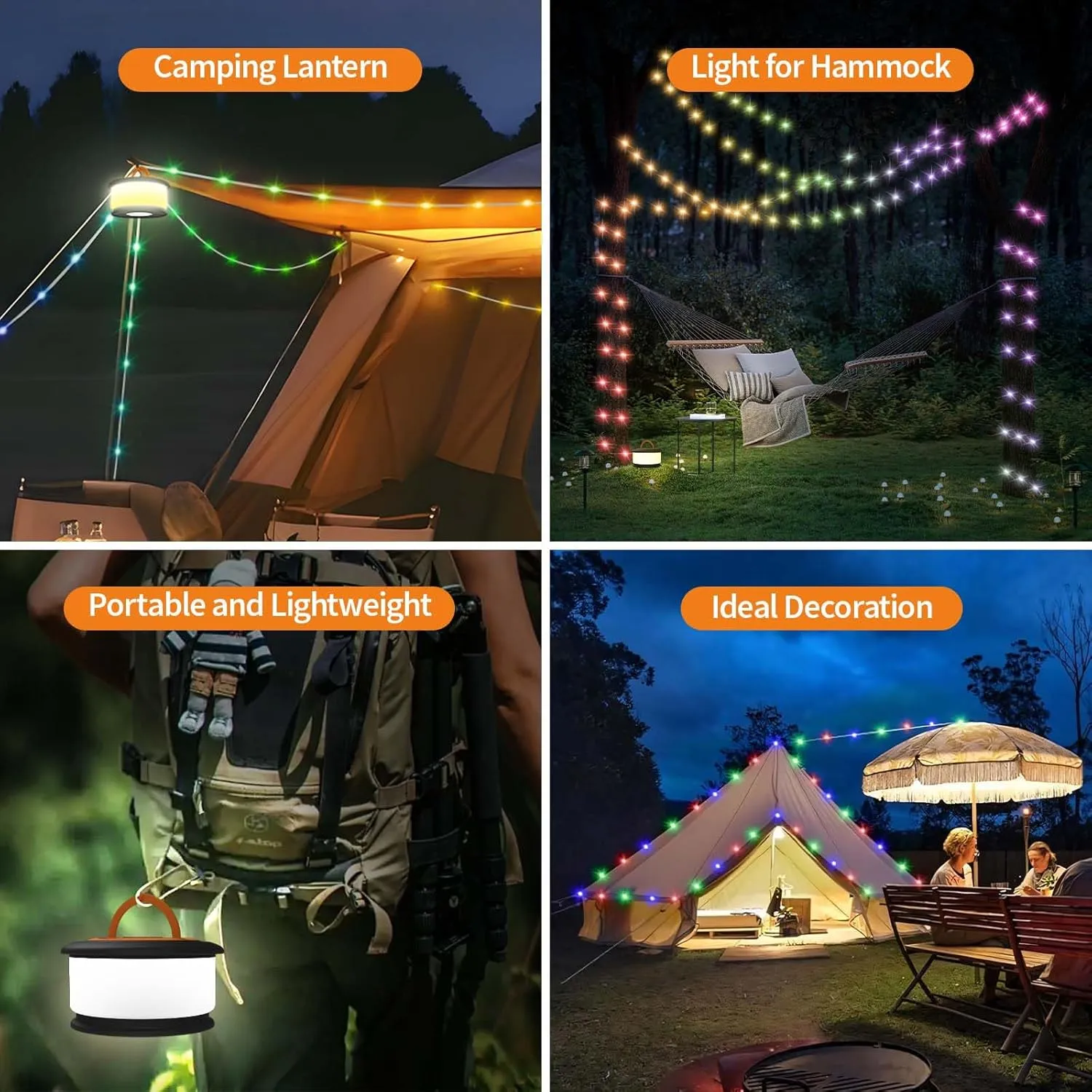 Camping String Lights, 3 in 1 Upgraded Retractable RGB Outdoor String Lights with 19 Lighting Modes,Quick 30s Recovery, 32.8 FT Portable Tent Lights, Rechargeable Camping Lantern (Black&Orange)