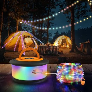 Camping String Lights, 3 in 1 Upgraded Retractable RGB Outdoor String Lights with 19 Lighting Modes,Quick 30s Recovery, 32.8 FT Portable Tent Lights, Rechargeable Camping Lantern (Black&Orange)