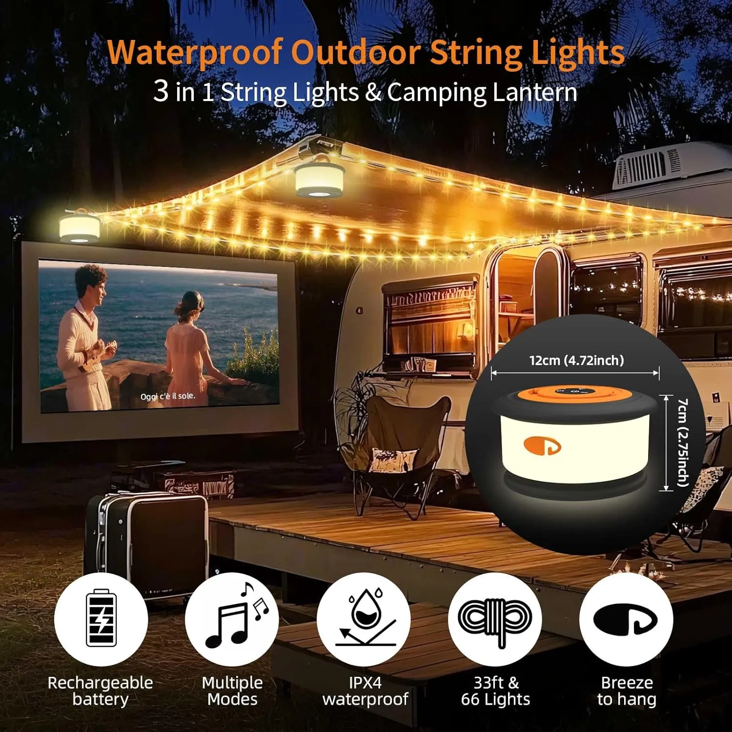 Camping String Lights, 3 in 1 Upgraded Retractable RGB Outdoor String Lights with 19 Lighting Modes,Quick 30s Recovery, 32.8 FT Portable Tent Lights, Rechargeable Camping Lantern (Black&Orange)