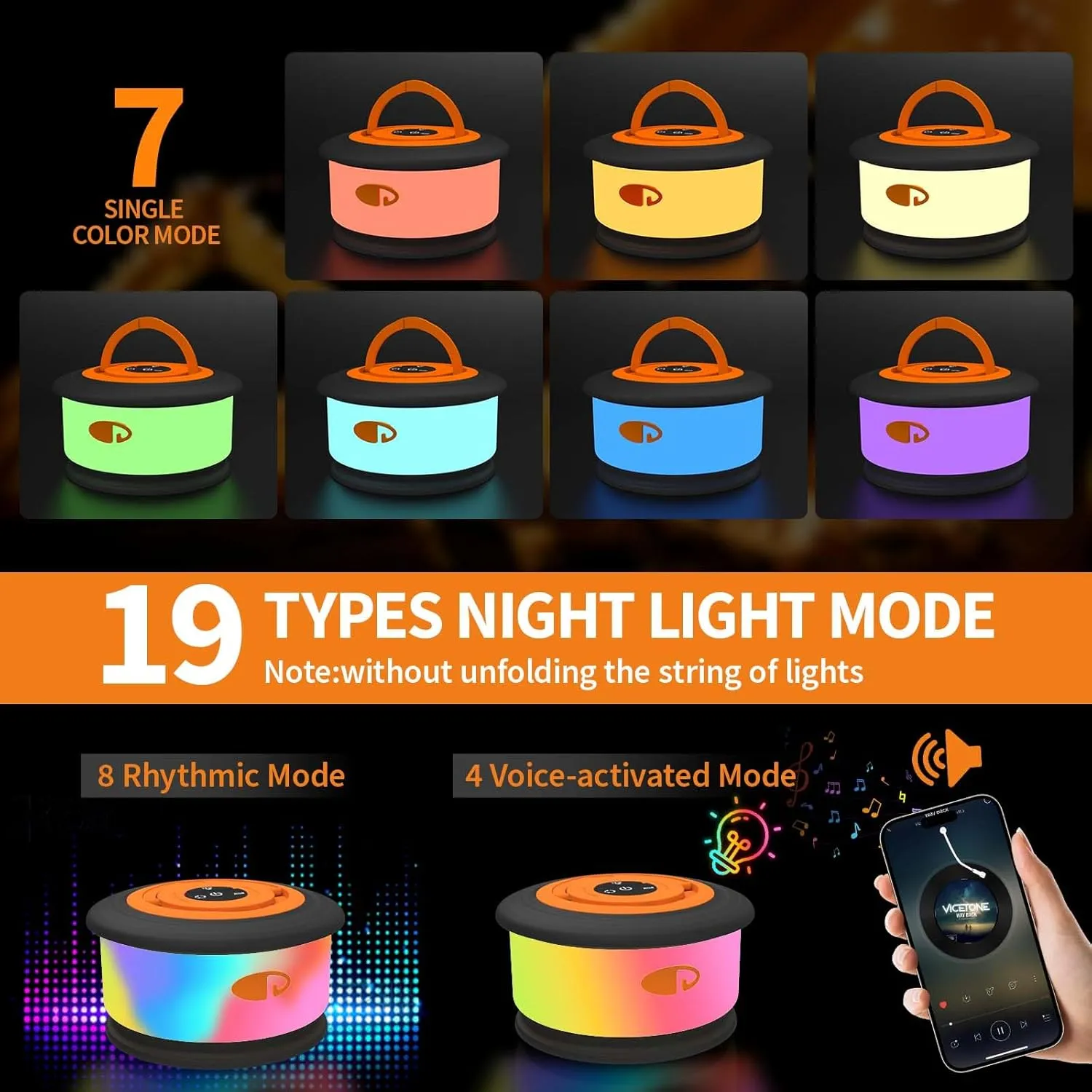 Camping String Lights, 3 in 1 Upgraded Retractable RGB Outdoor String Lights with 19 Lighting Modes,Quick 30s Recovery, 32.8 FT Portable Tent Lights, Rechargeable Camping Lantern (Black&Orange)