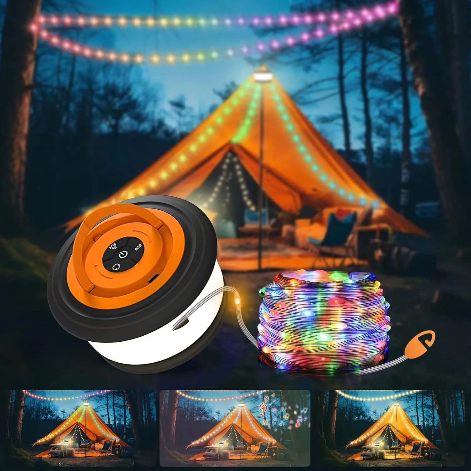 Camping String Lights, 3 in 1 Upgraded Retractable RGB Outdoor String Lights with 19 Lighting Modes,Quick 30s Recovery, 32.8 FT Portable Tent Lights, Rechargeable Camping Lantern (Black&Orange)