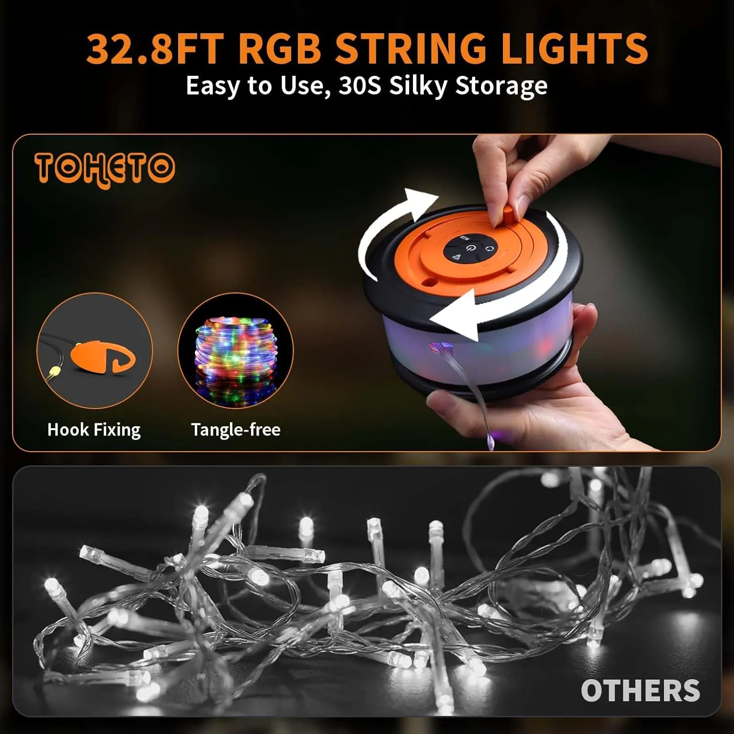 Camping String Lights, 3 in 1 Upgraded Retractable RGB Outdoor String Lights with 19 Lighting Modes,Quick 30s Recovery, 32.8 FT Portable Tent Lights, Rechargeable Camping Lantern (Black&Orange)