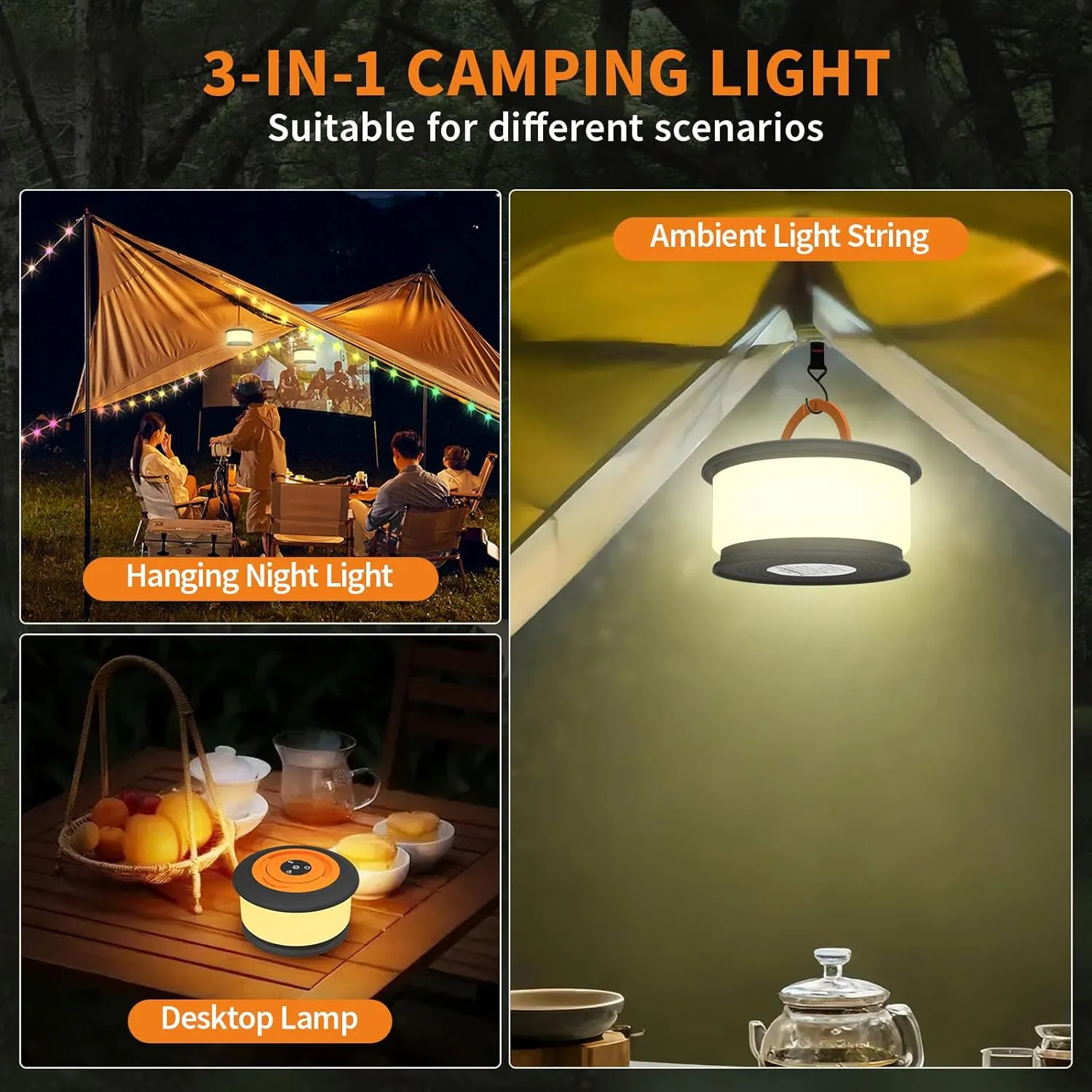 Camping String Lights, 3 in 1 Upgraded Retractable RGB Outdoor String Lights with 19 Lighting Modes,Quick 30s Recovery, 32.8 FT Portable Tent Lights, Rechargeable Camping Lantern (Black&Orange)
