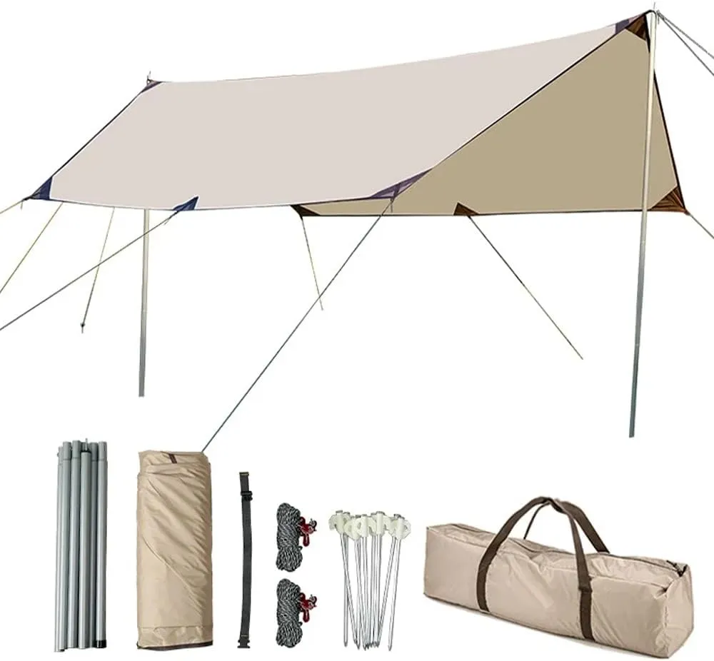 Camping Tarp 10×10ft with Poles Hammock Rain Fly Backpacking PU 3000mm Waterproof UV Protection with Tent Stakes, Ropes, Tensioners and Carry Bag for Camping,Hiking,Backpacking,Fishing(Size:10ftx10ft)
