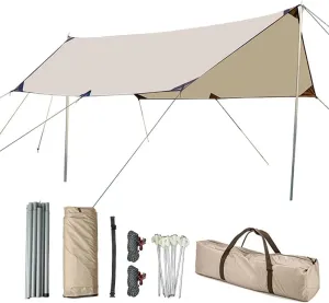 Camping Tarp 10×10ft with Poles Hammock Rain Fly Backpacking PU 3000mm Waterproof UV Protection with Tent Stakes, Ropes, Tensioners and Carry Bag for Camping,Hiking,Backpacking,Fishing(Size:10ftx10ft)