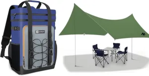 Camping Tarp   Backpack Cooler, Blue 40 Cans Leakproof Cooler Backpack, Waterproof Tarp with Poles for Camping Beach Picnic BBQ