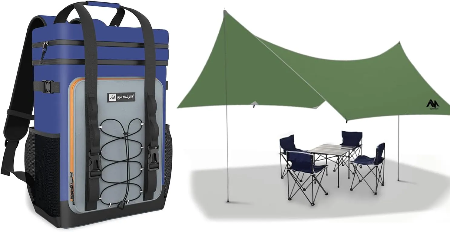 Camping Tarp   Backpack Cooler, Blue 40 Cans Leakproof Cooler Backpack, Waterproof Tarp with Poles for Camping Beach Picnic BBQ