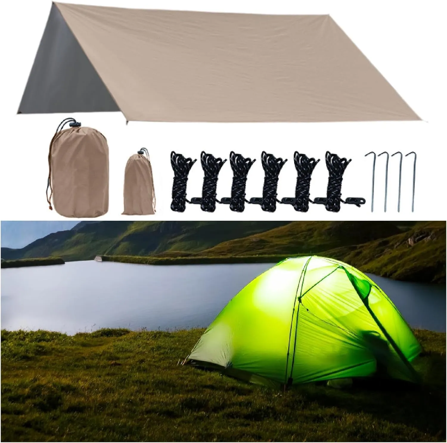Camping Tarp, Camping Awning, Hammock Tarp with Storage Bag, Easy to Set Up Protective Tarp for Garden Picnic, Beard