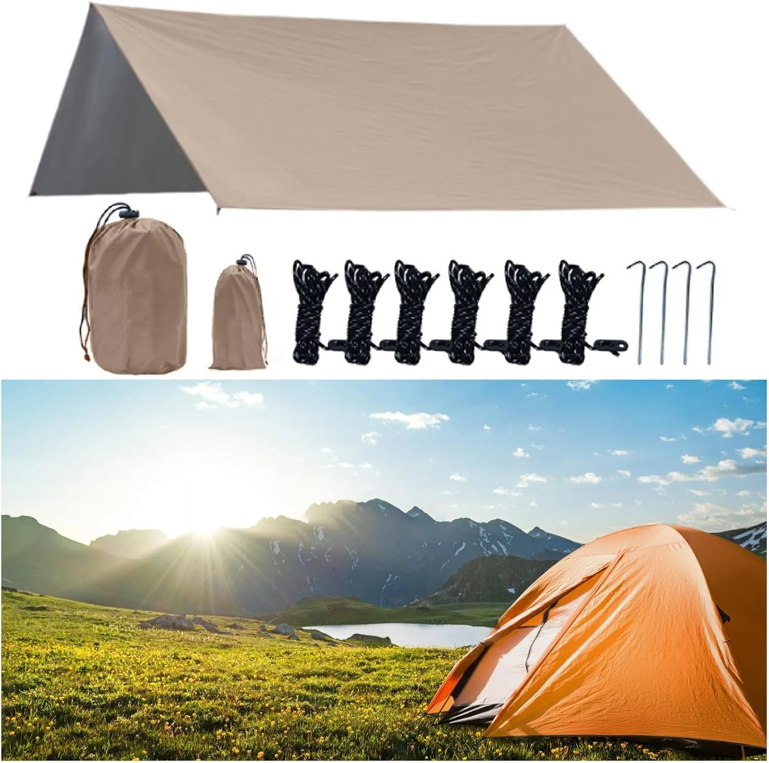 Camping Tarp, Camping Awning, Hammock Tarp with Storage Bag, Easy to Set Up Protective Tarp for Garden Picnic, Beard
