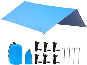 Camping Tent Tarp 300x300cm, Waterproof Hammock Rain Fly with Stakes & Ropes, Blue Outdoor Shelter Tarp