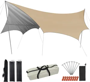 Camping Tent Tarp, 5.1x5.1m Lightweight Large Area Tarp, Hammock Rain Fly for Camping, Portable Waterproof Hammock Tarp with Included Stakes, Wind Ropes and Carry Bag, Beige/Silver