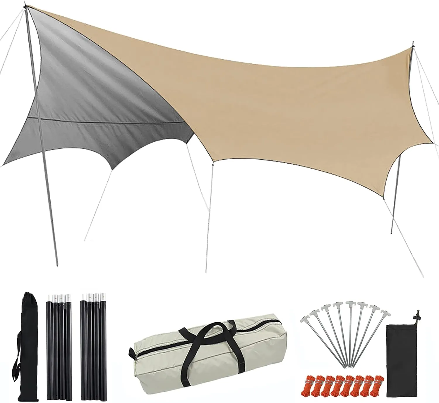 Camping Tent Tarp, 5.1x5.1m Lightweight Large Area Tarp, Hammock Rain Fly for Camping, Portable Waterproof Hammock Tarp with Included Stakes, Wind Ropes and Carry Bag, Beige/Silver