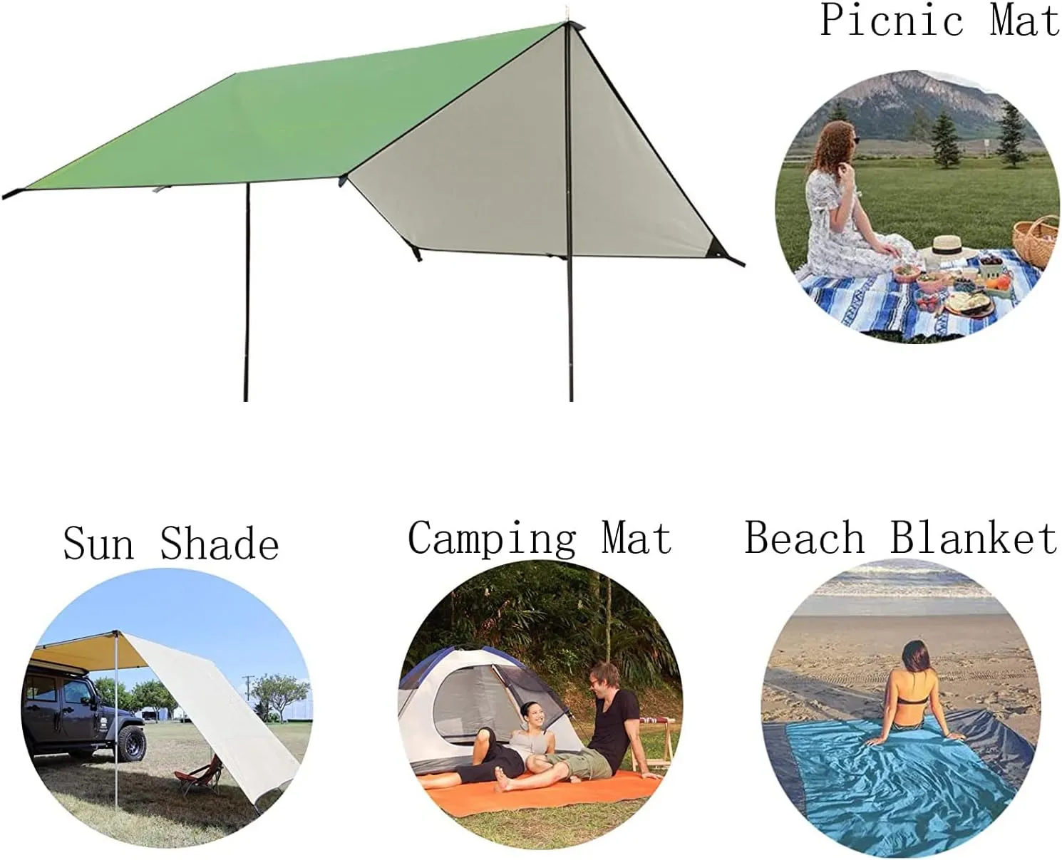 Camping Tent Tarp Rain Tarp Hammock Shelter, Premium UV Protection Sun Shelter Windproof Waterproof Lightweight Compact Durable Ripstop Gazebo Picnic Mat (Camo(rodless) 2X Large) (Green(rodless)
