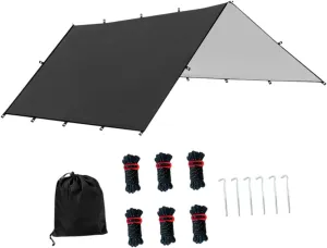 Camping Tent Tarp Versatile with 6 Stakes and 6 Ropes Foldable Sun Canopy Waterproof Lightweight, Black S