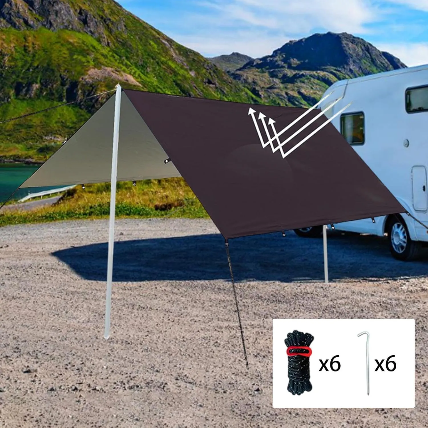 Camping Tent Tarp Versatile with 6 Stakes and 6 Ropes Foldable Sun Canopy Waterproof Lightweight, Black S