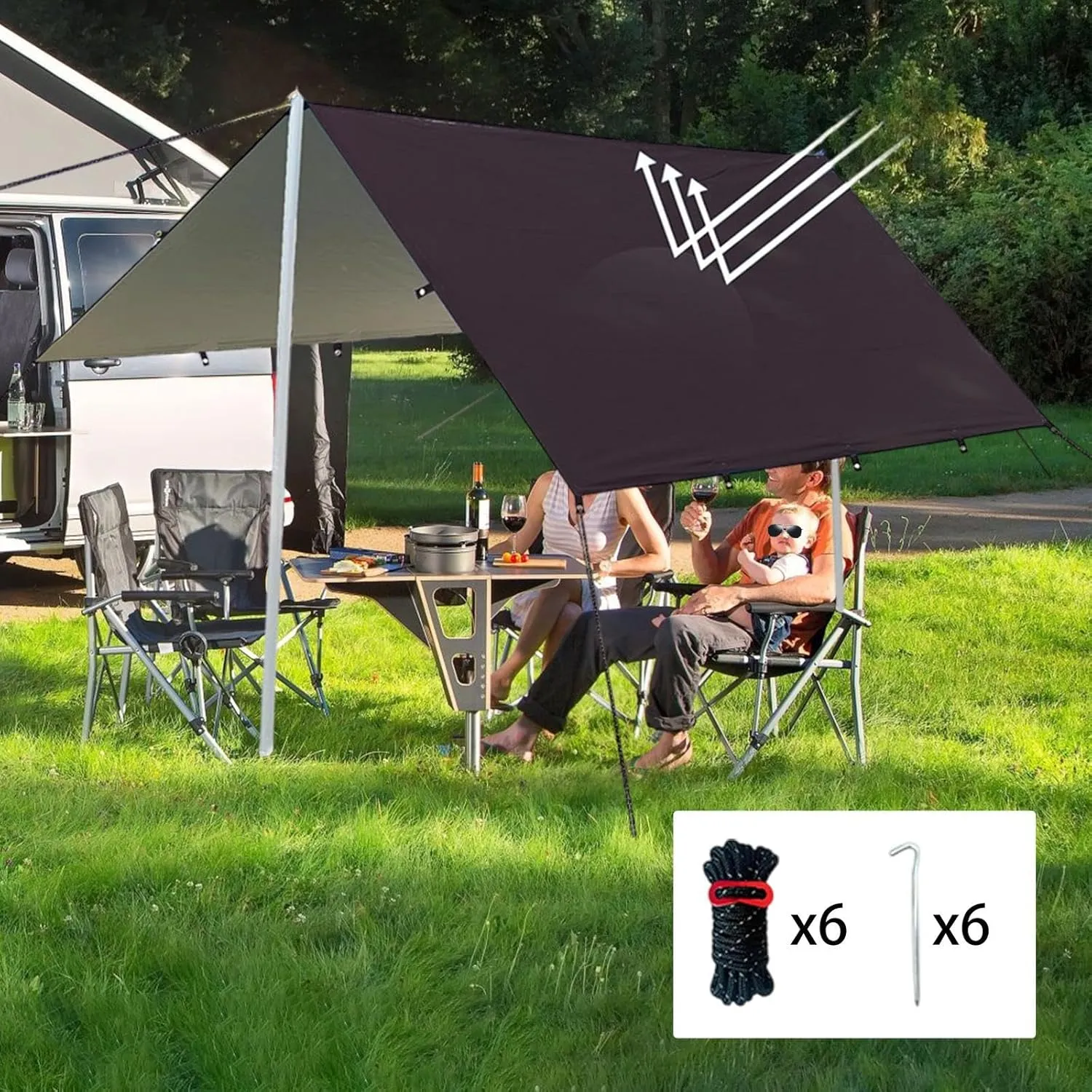 Camping Tent Tarp Versatile with 6 Stakes and 6 Ropes Foldable Sun Canopy Waterproof Lightweight, Black S