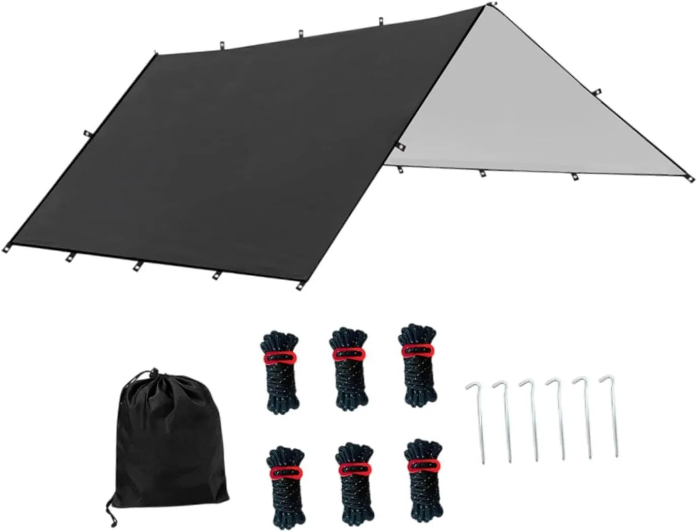 Camping Tent Tarp Versatile with 6 Stakes and 6 Ropes Foldable Sun Canopy Waterproof Lightweight, Black S