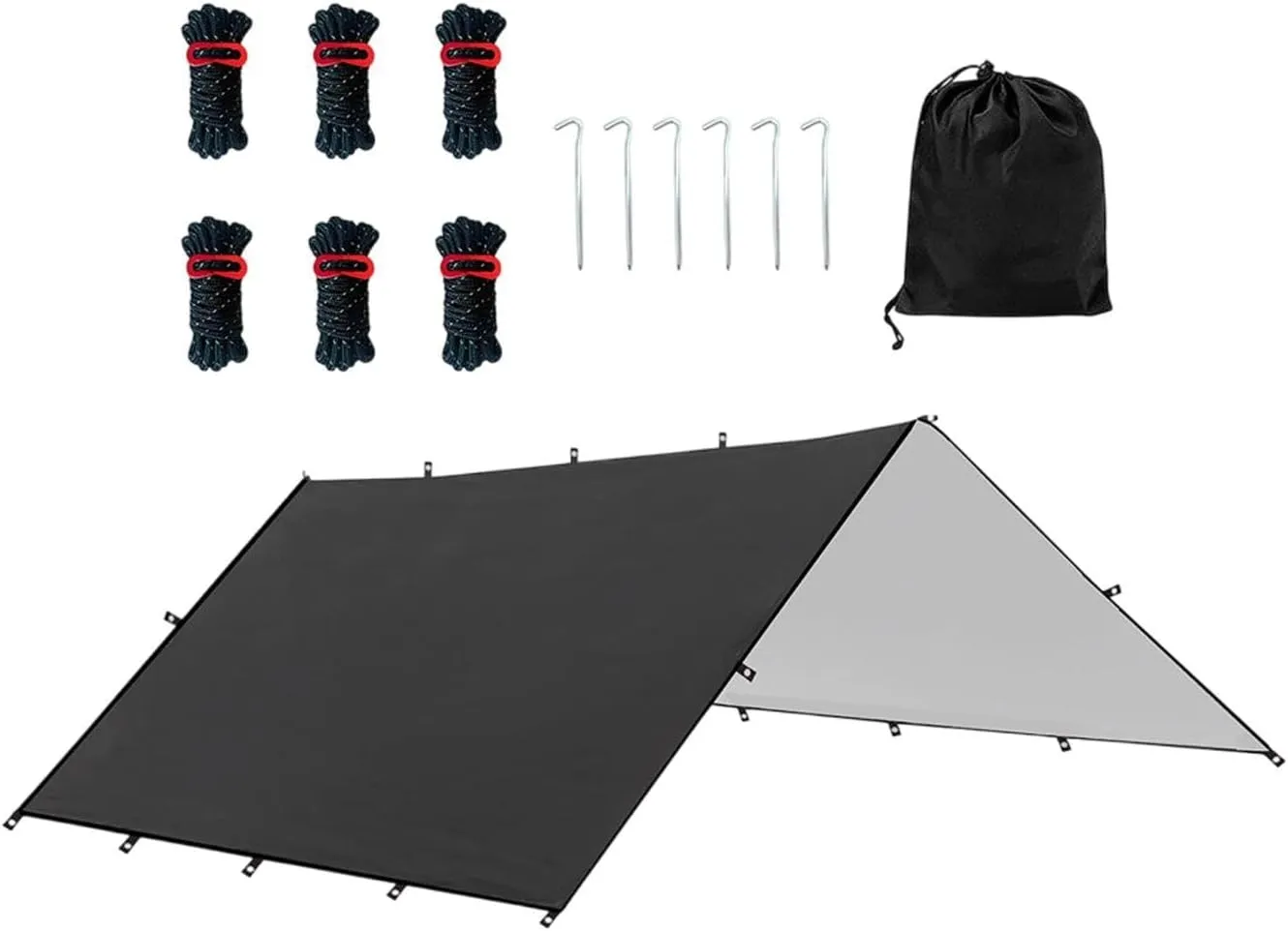Camping Tent Tarp Versatile with 6 Stakes and 6 Ropes Foldable Sun Canopy Waterproof Lightweight, Black S