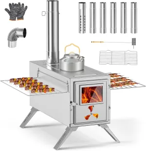 Camping Wood Burning Stove, Hot Tent Stove with 7 Stainless Chimney Pipes and Anti-Spark, Small Camping Wood Stove for Outdoor Heating, Cooking, Ice Fishing, Hunting