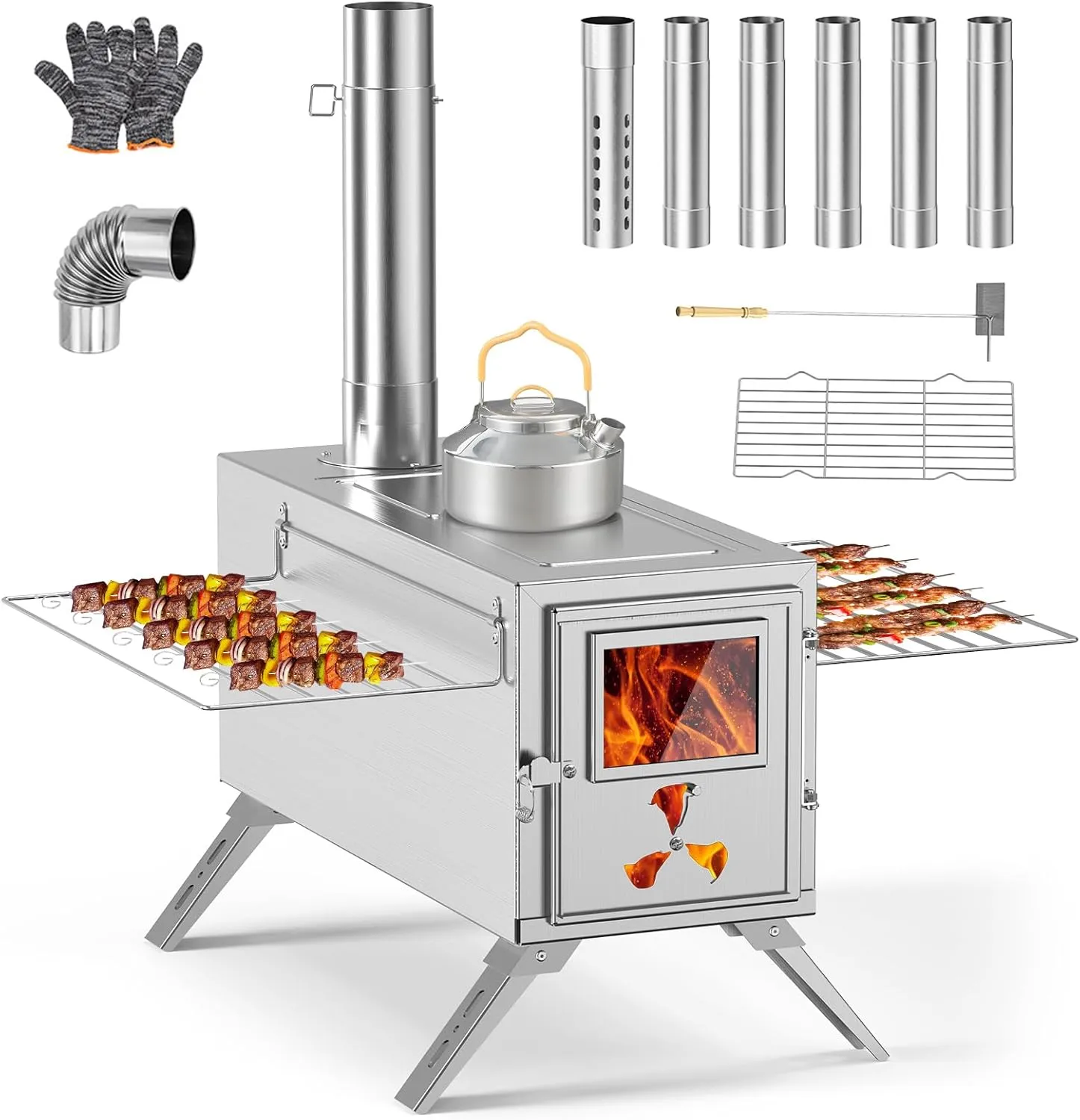 Camping Wood Burning Stove, Hot Tent Stove with 7 Stainless Chimney Pipes and Anti-Spark, Small Camping Wood Stove for Outdoor Heating, Cooking, Ice Fishing, Hunting