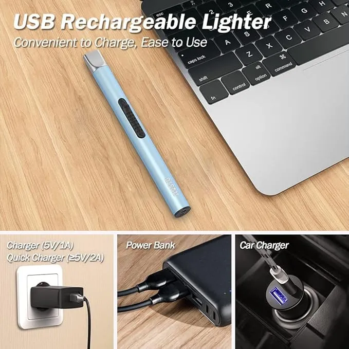 Candle Lighter, Electric Lighter Rechargeable USB Lighter, Arc Windproof Flameless Plasma Lighter Long Stick with Rope and Ring, No Butane Fluid, Perfect for Candle BBQ Camping Kitchen Stove, Blue