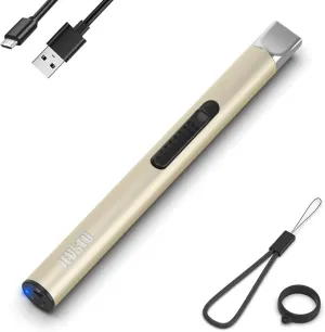 Candle Lighter, Electric Lighter Rechargeable USB Lighter, Arc Windproof Flameless Plasma Lighter Long Stick with Rope and Ring, No Butane Fluid, Perfect for Candle BBQ Camping Kitchen Stove, Gold