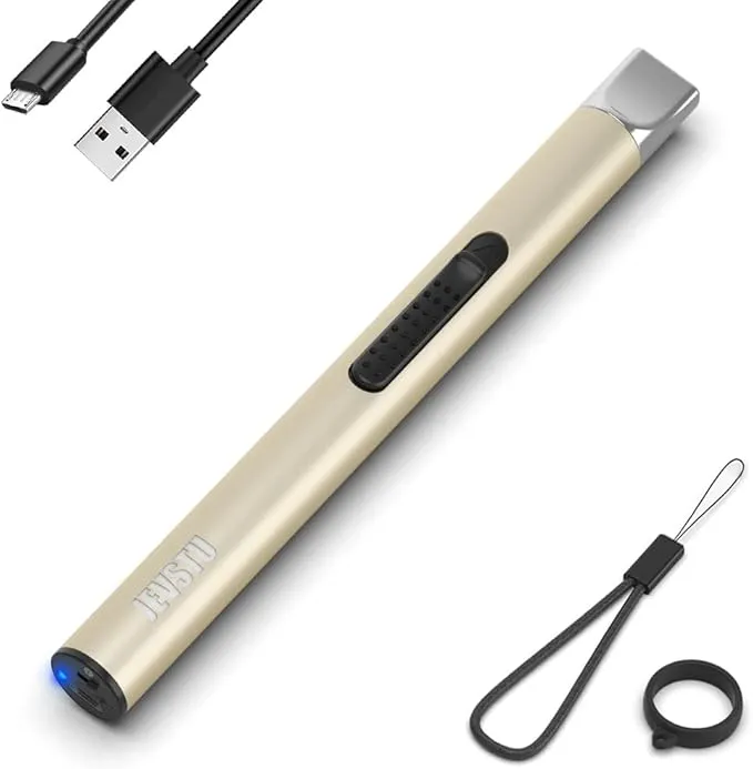 Candle Lighter, Electric Lighter Rechargeable USB Lighter, Arc Windproof Flameless Plasma Lighter Long Stick with Rope and Ring, No Butane Fluid, Perfect for Candle BBQ Camping Kitchen Stove, Gold