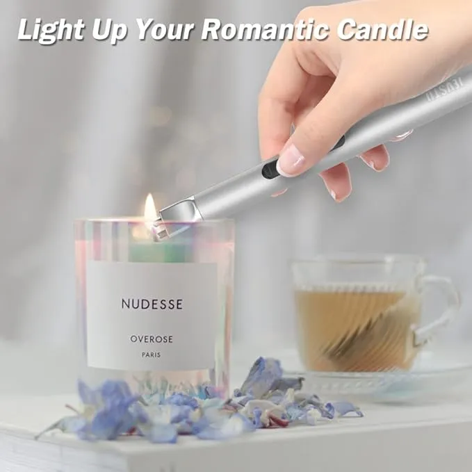 Candle Lighter, Electric USB Rechargeable Lighter, Arc Plasma Electronic Windproof Flameless Long Lighter with Safety Switch Hook for Kitchen, Silver and Black