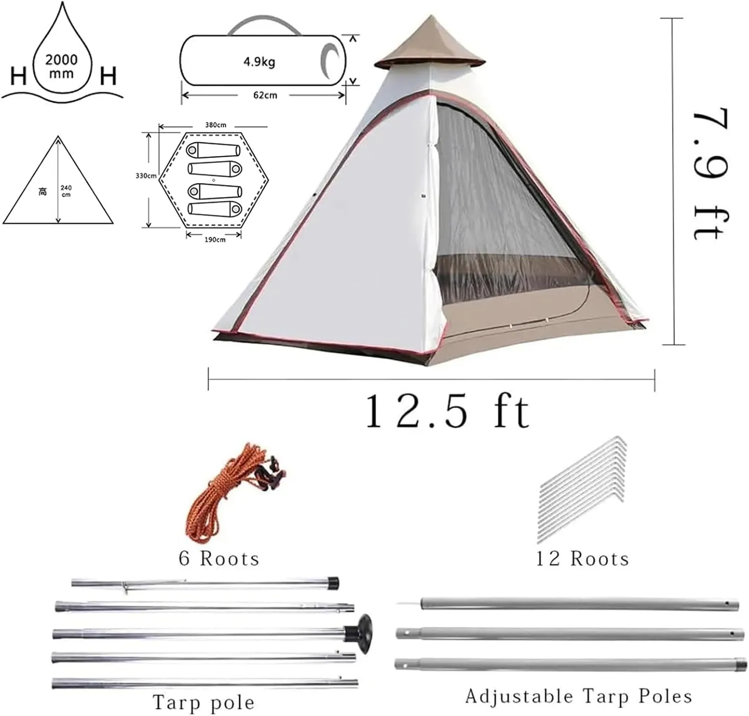 Canvas Indian Tent Yurt Tents 3-8 Persons Bell Tents Outdoors Large Glamping Bell Tents for Family Camping Hunting Christmas Party Shelter