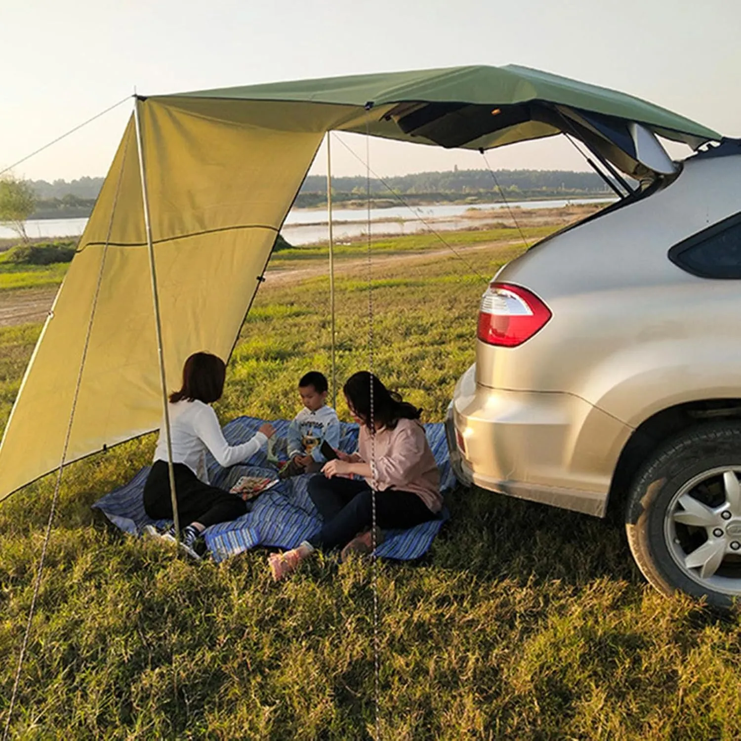 Car Awning for SUV, Waterproof Oxford Cloth 5-8 Persons Outdoor Camping Tarp SUV Truck Tailgate Canopy RV Vehicle Roof Sun Shade Hatchback Car Tent Khaki M
