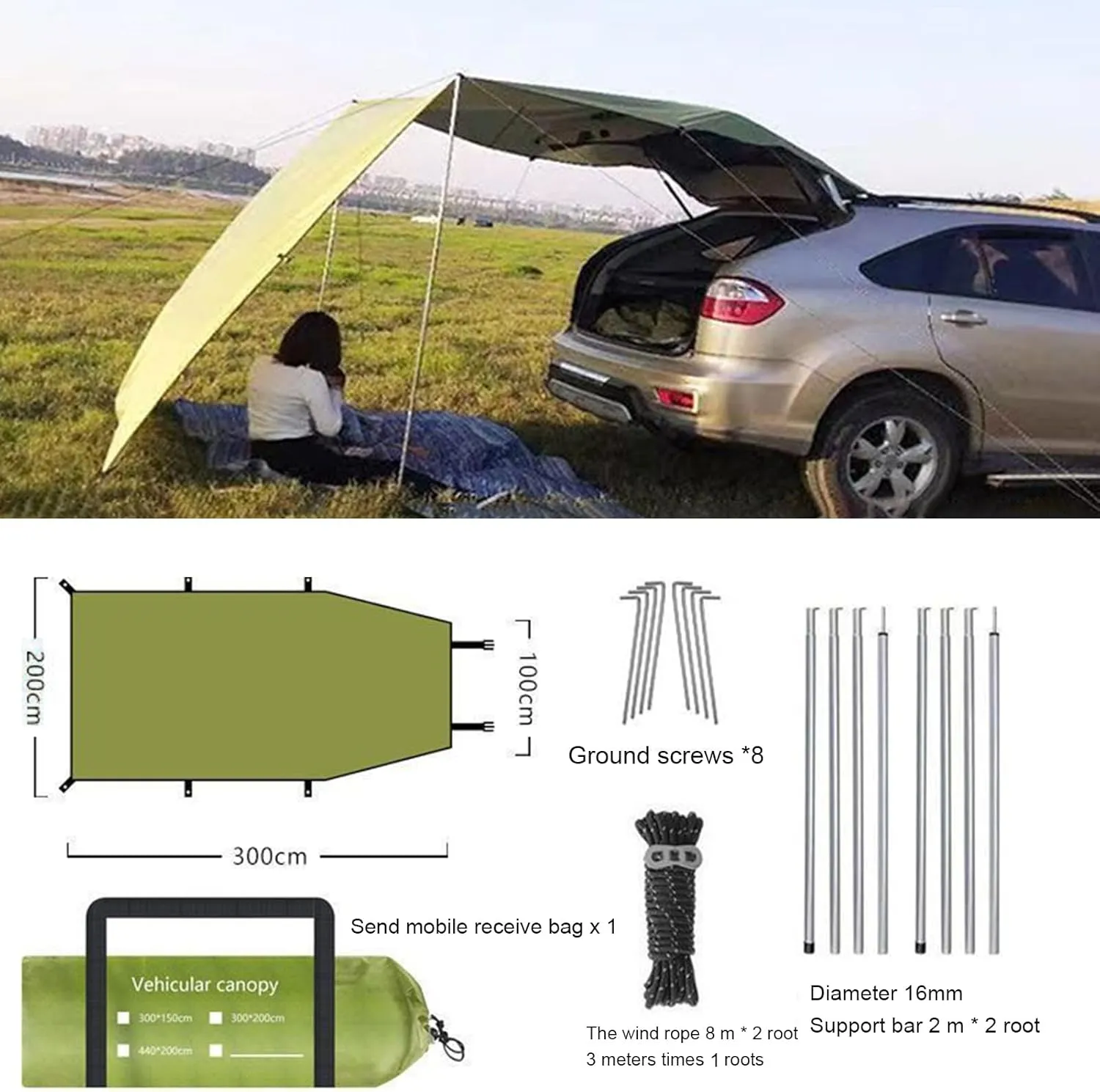 Car Awning for SUV, Waterproof Oxford Cloth 5-8 Persons Outdoor Camping Tarp SUV Truck Tailgate Canopy RV Vehicle Roof Sun Shade Hatchback Car Tent Khaki M