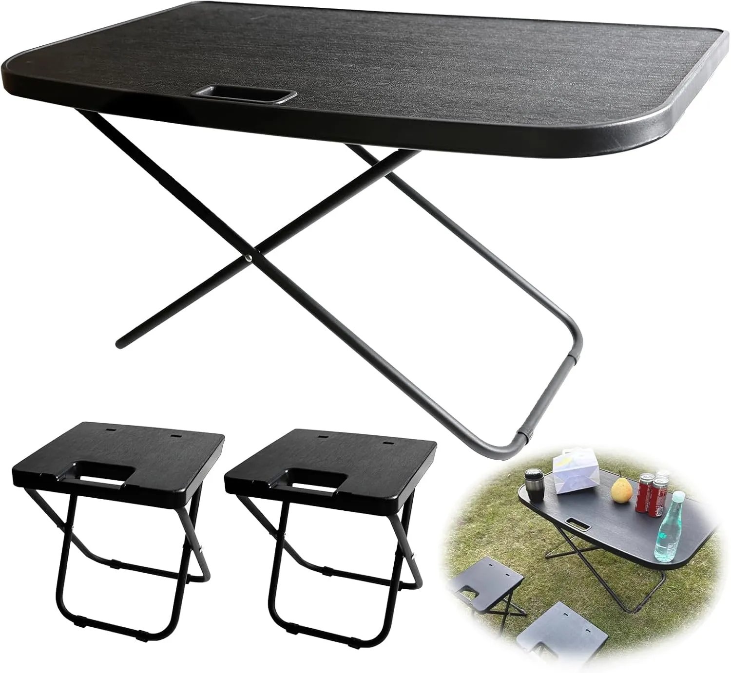 Car Camping Portable Table Compatible with 2021-2024 Tesla Model Y Camping Outdoor Folding Table with 2 Pack Collapsible Stool Tailbox Car for Travel Hiking Picnic BBQ Fishing Beach