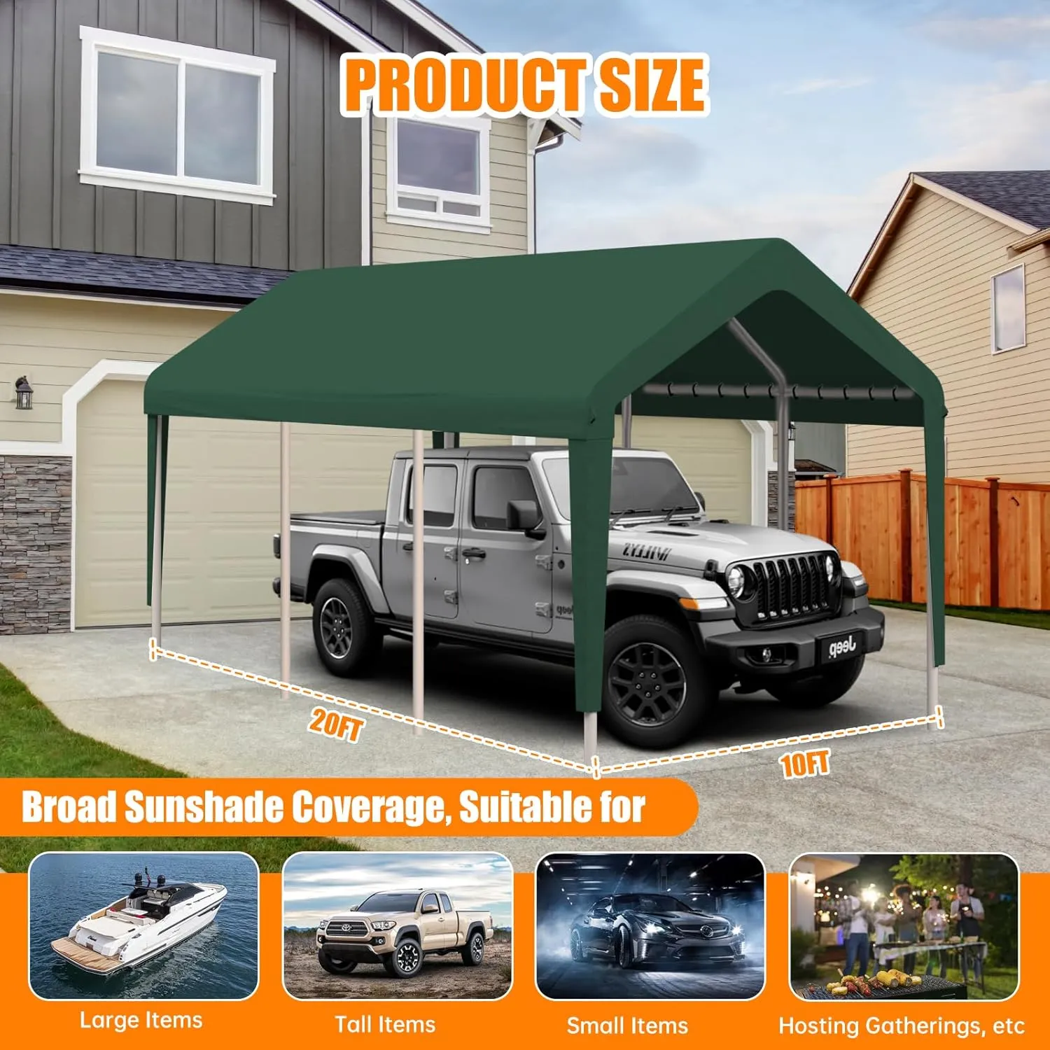 Carport Canopy 10 FTx20 FT Heavy Duty Replacement Cover, 800D Oxford Garage Shelter Cover Waterproof & UV Protected, Tarp with Ball Bungees, Not Include Frame, Dark Green