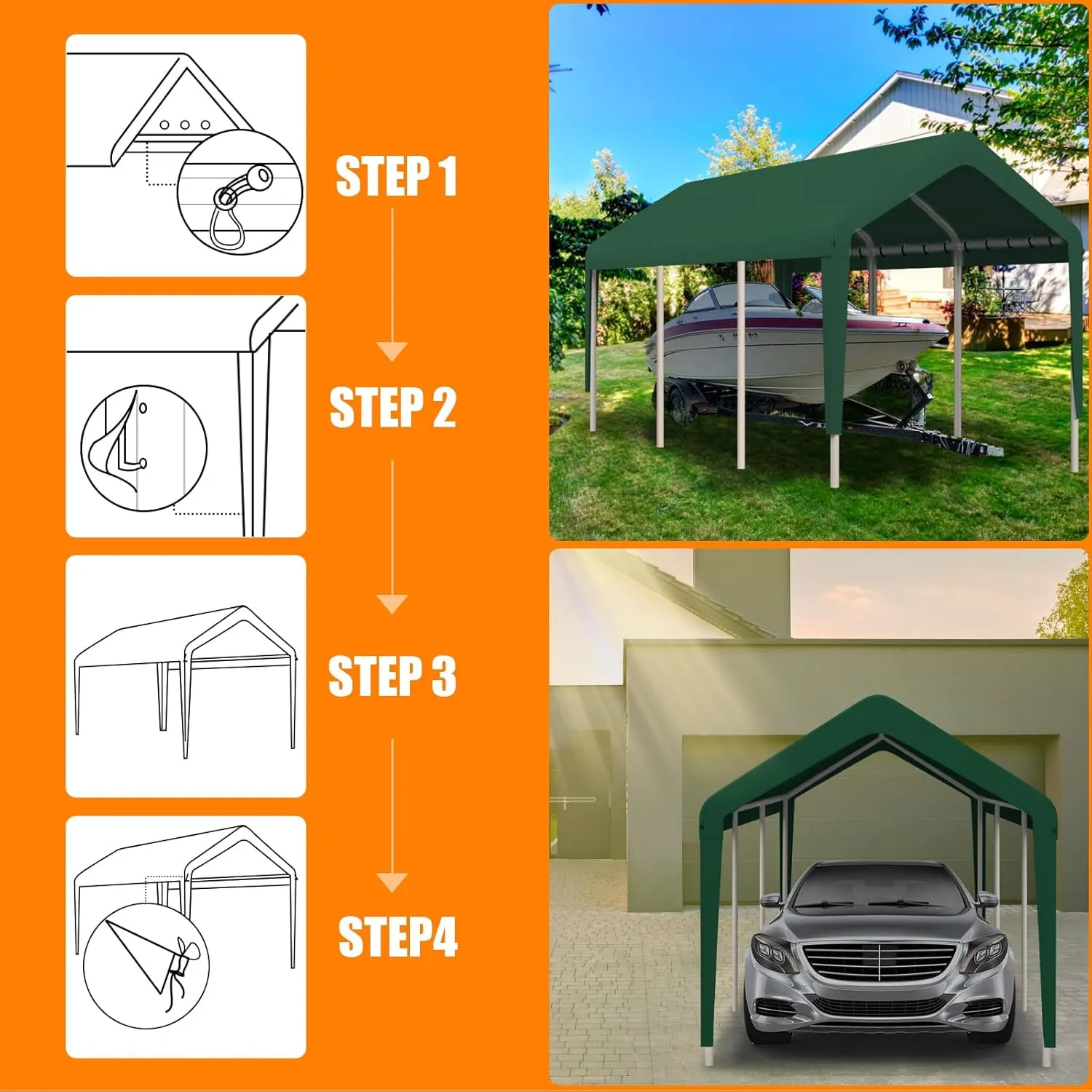 Carport Canopy 10 FTx20 FT Heavy Duty Replacement Cover, 800D Oxford Garage Shelter Cover Waterproof & UV Protected, Tarp with Ball Bungees, Not Include Frame, Dark Green