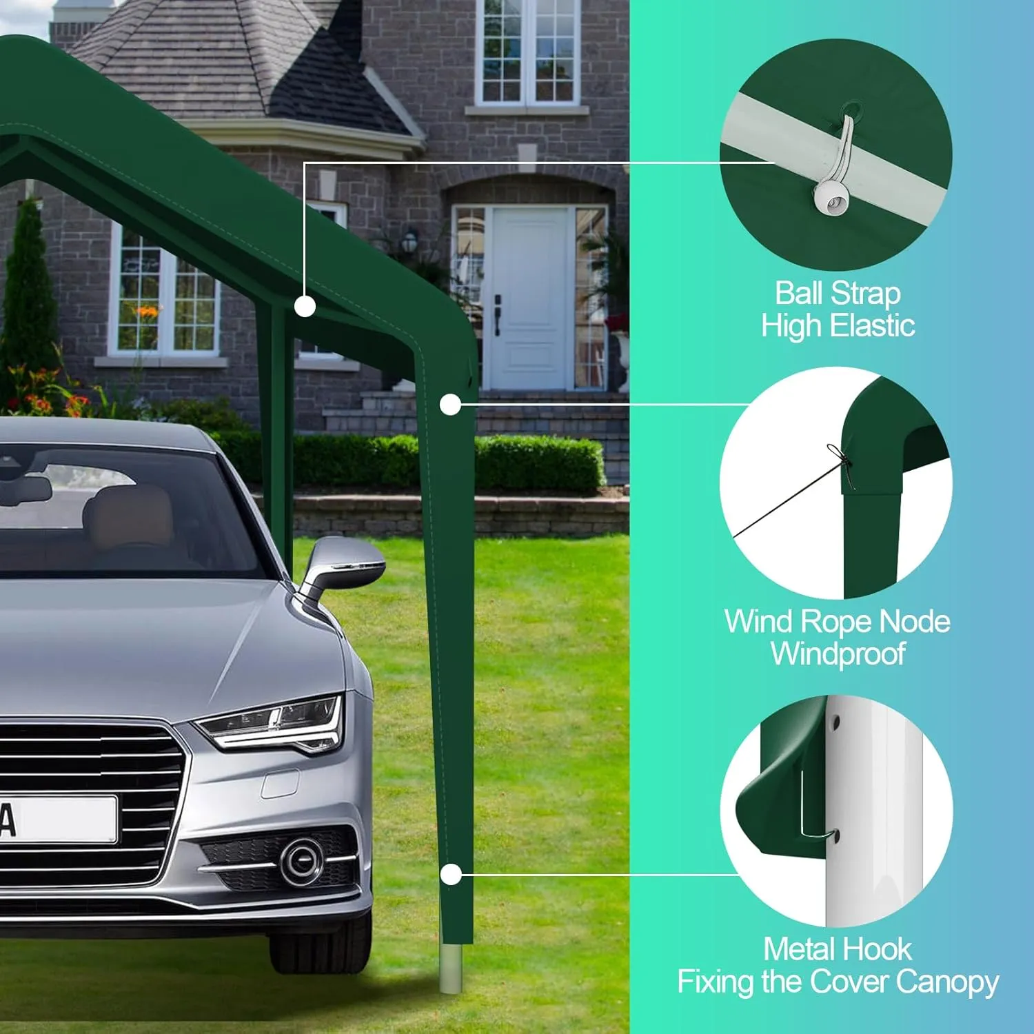 Carport Canopy 10 FTx20 FT Heavy Duty Replacement Cover, 800D Oxford Garage Shelter Cover Waterproof & UV Protected, Tarp with Ball Bungees, Not Include Frame, Dark Green