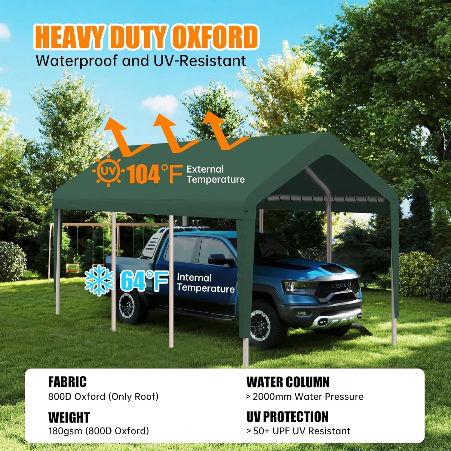 Carport Canopy 10 FTx20 FT Heavy Duty Replacement Cover, 800D Oxford Garage Shelter Cover Waterproof & UV Protected, Tarp with Ball Bungees, Not Include Frame, Dark Green